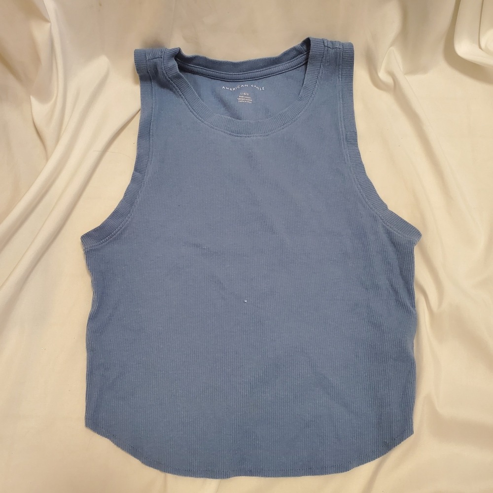 American Eagle Ribbed High Neck Tank Top Blue Sleeveless Crop Shirt Large